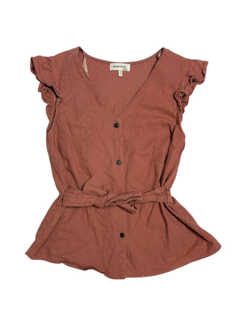 Monteau Women's linen blend orange Button-down babydoll Top - Picture 2 of 5